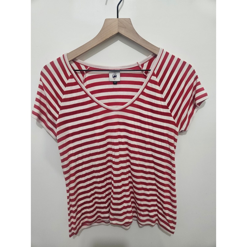 Cabi Womens Red White Striped Scoop Neck Raglan Short Sleeve T-Shirt S 5798